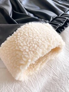 少女休闲个性仿皮夹克，羊毛领口和袖口，两侧斜插口袋，松紧下摆，适合上学、通勤、旅行，可搭配连帽衫、长袖、毛衣、运动裤 - 黑色 - 查看 4