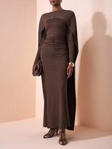 Zivah Novo Lançamento de Verão e Outono 2025, Adequado para Festa de Aniversário, Volta às Aulas, Estilo de Campus, Uso Diário, Casual, Cruzeiro, Praia, Banho de Sol, Moda, Streetwear, Elegante, Transporte, Casual Business, Festa, Banquete, Gola Alta de Manga Longa, Capa Xale, Cintura Franzida Oversized, Fenda Nas Costas, Vestido Longo Marrom de Outono Extra Longo, Vestido Feminino - Castanho - Visão 1