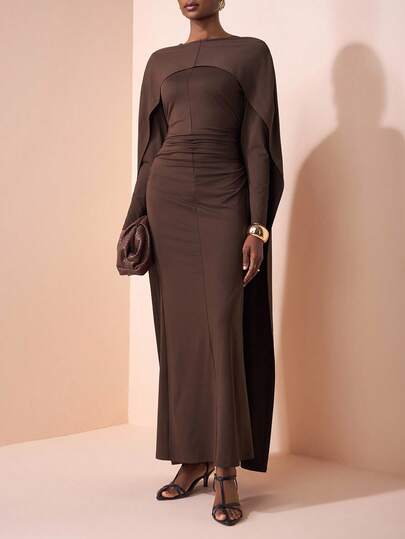 Zivah 2025 Fall/Winter New Styles For Birthdays, Parties, Banquets, Dates, Back-To-School Season, Preppy Style, Student Wear, Everyday Outings, Basic Versatile, Casual, Cruise Travel, Influencer Style, Street Style, Elegant, Commuter, Business Casual, Parties, Banquets. Stand-Up Collar, Long Sleeves, Cape, Slim Fit, Gathered, Back Slit, Brown. Fall/Winter Maxi Dress For Women.