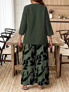 EMERY ROSE Conjunto de 2 piezas para mujer talla grande - Top casual y pantalones anchos con estampado floral vintage