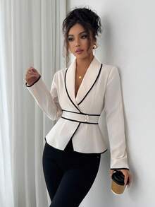 Rafferiza Áo sơ mi nữ tay dài cổ bẻ thanh lịch, eo bó, mùa thu - Màu be - Xem 4