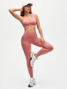 Eassivo Eassivo 女式纯色简约无袖上衣和裤子运动套装，休闲日常穿着 - 棕色 - 查看 2