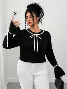 Elenzga Suéter de cuello redondo de manga larga con lazo y bloque de color para tallas grandes - Blanco y Negro - Ver 6