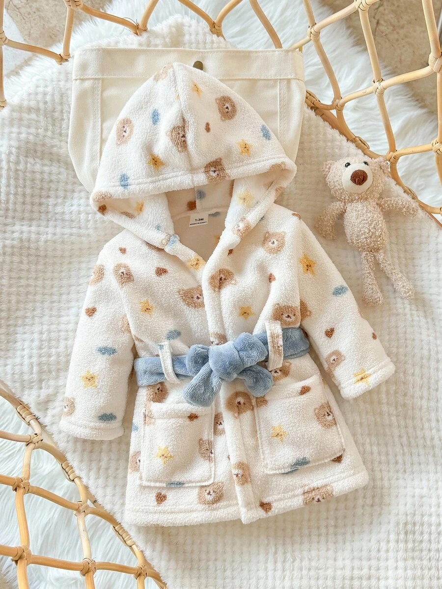 新生儿毛绒加厚趣味图案熊、星星、云朵彩色时尚百搭柔软浴袍家居服秋冬 - 彩色 - 查看 1
