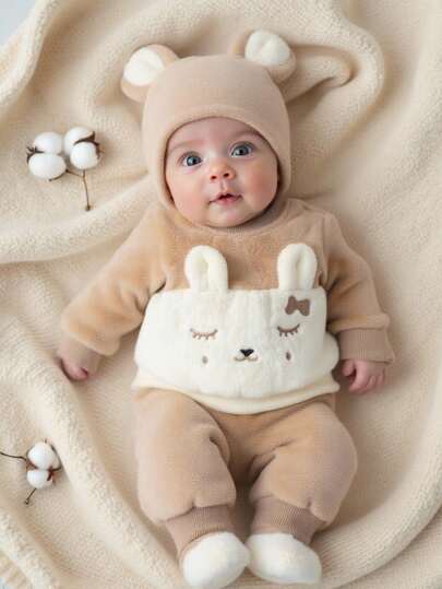 SHEIN 秋冬新款婴儿两件套，超可爱卡其色猫咪蝴蝶结图案，时尚两件套毛绒套装婴儿衣服套装