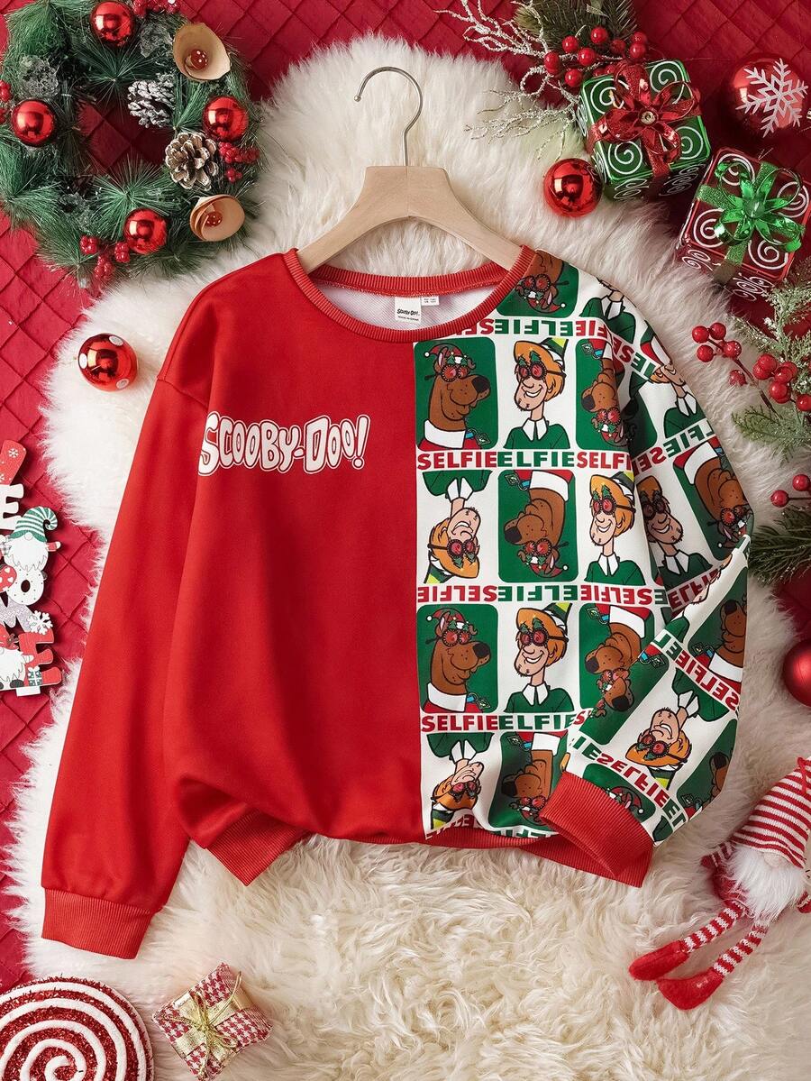 SCOOBY-DOO X SHEIN Sudadera de cuello redondo de manga larga con bloques de color y diseño navideño para niña preadolescente