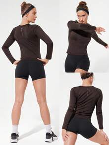 GLOWMODE Ready Set Win Comfy Warm Reflective Logo Hip Length Knit Long-Sleeve Top With Thumbholes Running Hiking Gym - Chocolate Brown - View 9