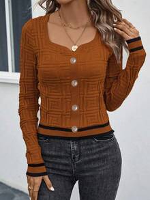 EMERY ROSE Women's Contrast Color Textured Minimalist Everyday Long Sleeve Knit Sweater - Brown - View 5