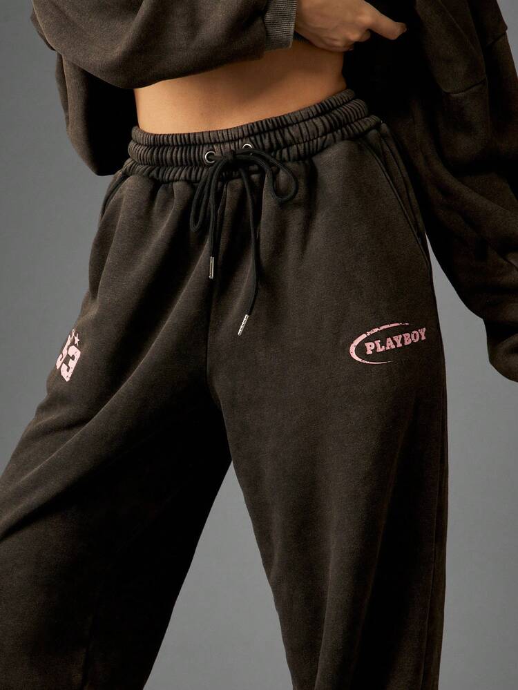 Missguided x Playboy Oversized Lounge Joggers With Retro Graphics And Logo Print Cozy Fleece Winter Casual Streetwear Baggy Pants With Elastic Cuffs