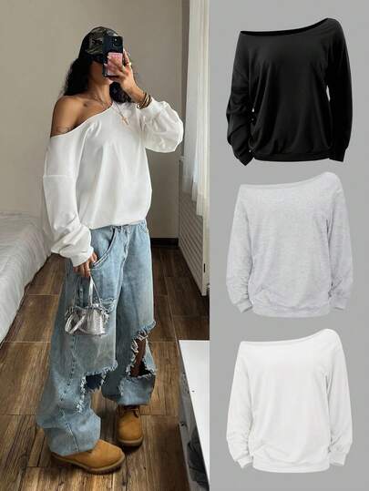 StreetHx 3pcs Women's Autumn Oblique Shoulder Sweatshirt Set, Black/White/Gray Loose Punk Oversized Asymmetrical Shoulder Hoodies