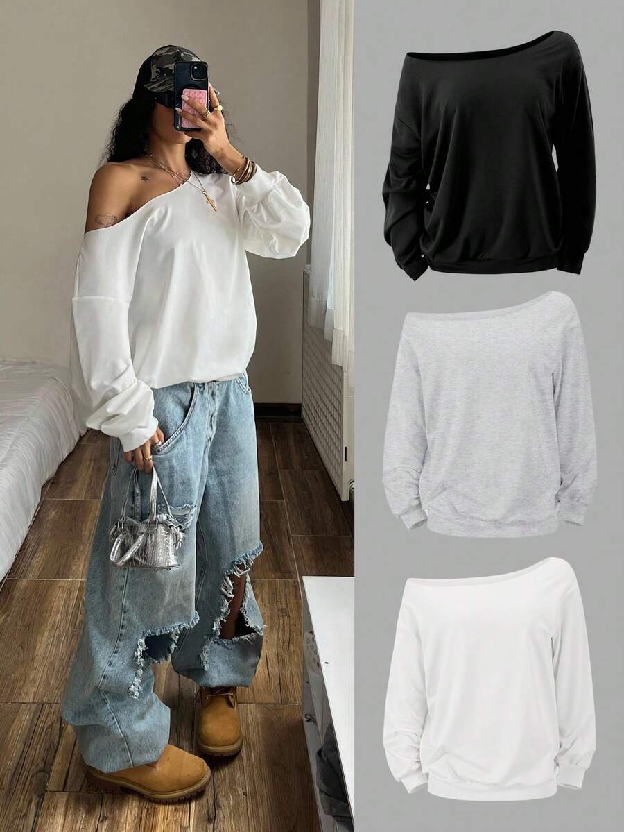 StreetHx 3pcs Women's Autumn Oblique Shoulder Sweatshirt Set, Black/White/Gray Loose Punk Oversized Asymmetrical Shoulder Hoodies - Multicolor - View 1