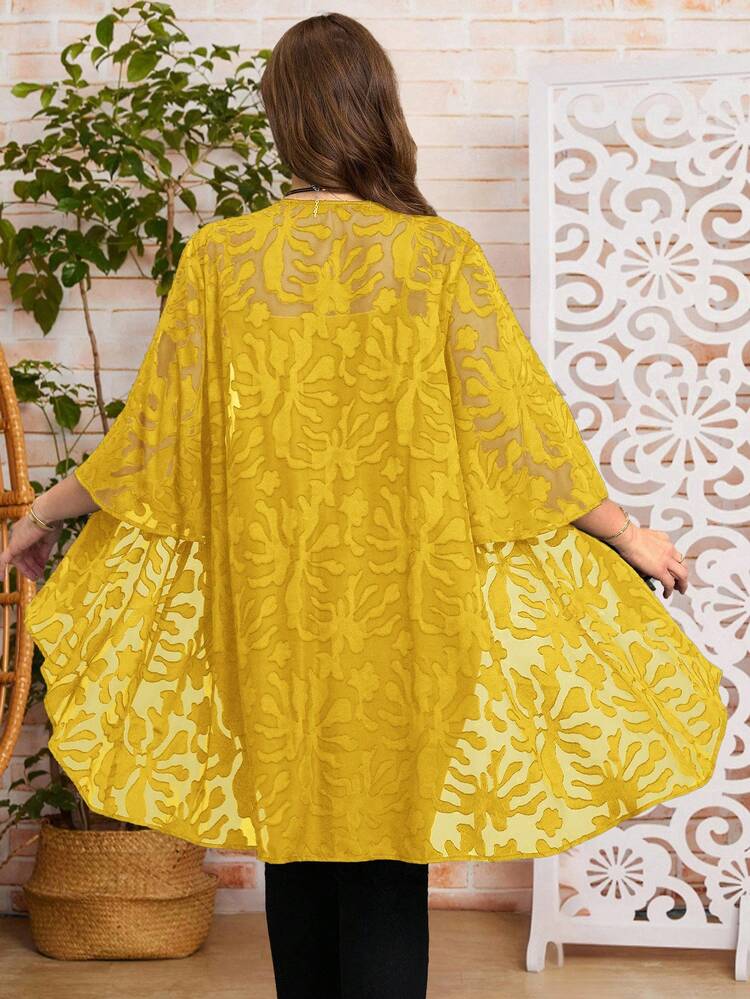 Plus Size Women Jacquard 3/4 Sleeve Open Front Casual Vacation Jacket In Fall/Winter Yellow Cardigan Plus Size  Woman S Cardigans