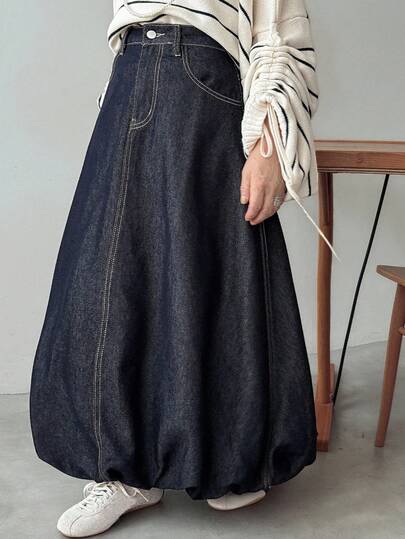 FRIFUL Women's Vintage Dark Blue Long Casual Denim A-Line Skirt