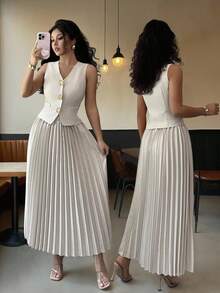 Modelyn 女士 2 件套装：金属扣背心夹克和褶皱喇叭裙，春秋 - 杏色 - 查看 1