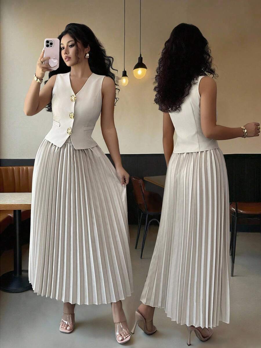 Modelyn 女士 2 件套装：金属扣背心夹克和褶皱喇叭裙，春秋 - 杏色 - 查看 1