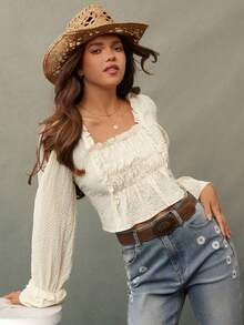 WESTFADE Textured Woven Smocked Square Neck Long Flare Sleeve Ruffle Top Fall, Autumn, Winter, Boho , Casual Western Wear For Women, Cute Country Concert - Cream - View 1