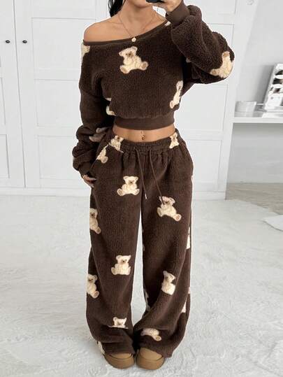 CovetEZ Women's Brown Teddy Bear Print Fleece Oblique Shoulder Sweatshirt And Pants Set, Autumn/Winter, Fuzzy Two Piece Set