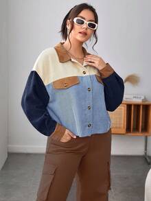 SHEIN EZwear 大码女式撞色落肩长袖单排扣休闲衬衫，秋季 - 彩色 - 查看 2