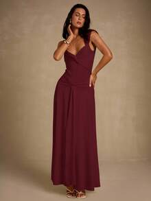 Glamine 女士优雅性感扭纹 V 领收腰长裙，浅黄色，适合派对、日常穿着、花园聚会 - 酒紅色 - 查看 3