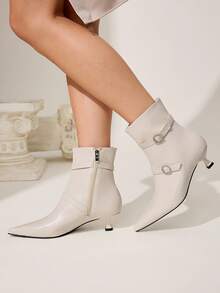 CUCCOO CHICEST 女士秋冬新款闪亮水钻扣侧拉链尖头细高跟鞋优雅通勤百搭时尚舒适米色仿皮踝靴 - 杏色 - 查看 3