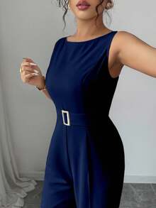 Selianne French Romantic One-Shoulder Sleeveless High Waist Belt Smooth Fabric Metal Buckle Decoration Wide Leg Straight Women Jumpsuit Women Summer Clothing Women Office Clothing Outing Clothing - Navy Blue - View 4