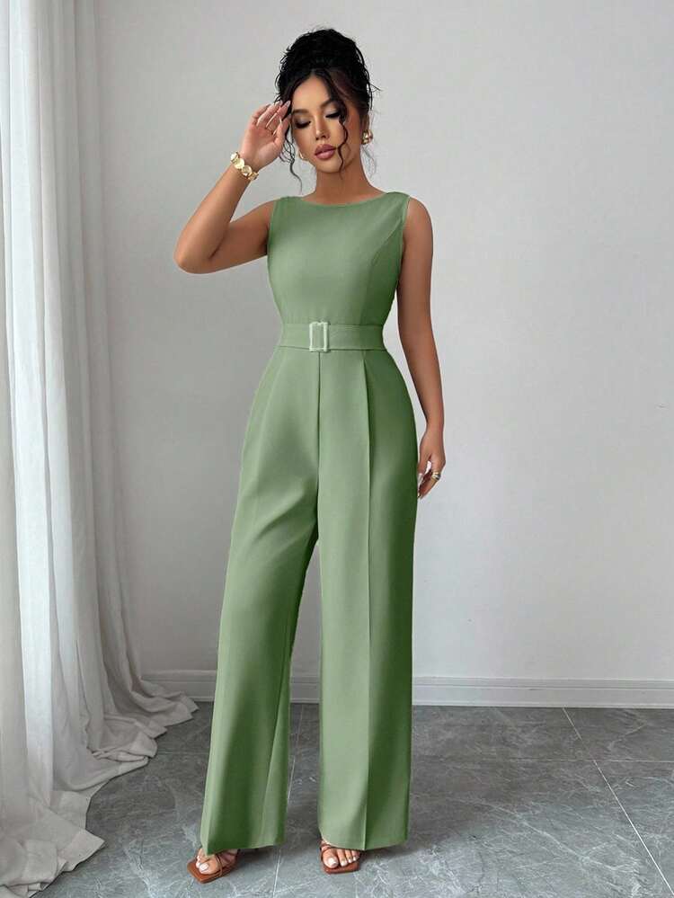 Selianne French Romantic One-Shoulder Sleeveless High Waist Belt Smooth Fabric Metal Buckle Decoration Wide Leg Straight Women Jumpsuit Women Summer Clothing Women Office Clothing Outing Clothing - Mint Green - View 5