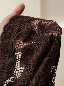 Anewsta 棕色优雅直筒镂空刺绣女裤，秋冬 - 咖啡棕 - 查看 8