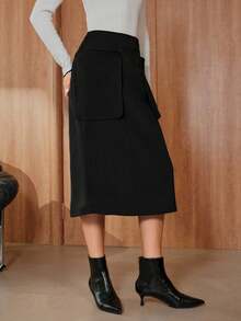 SHEIN Unity Women's Casual Versatile Simple Crisp Double Pocket A-Line Skirt Fall Cloth For Women - Black - View 4