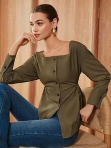 Almamuse 1 Stück Modisches einfarbiges Damen-Hemd mit Knopfleiste und Falten