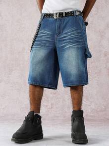 Manfinity EMRG 男士休闲水洗宽松牛仔短裤 - 藍色 - 查看 4