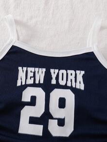 女童夏季字母印花荷叶边休闲吊带背心 - 藏蓝色 - 查看 5