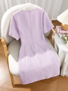 Franclia Plus Size Ladies' Round Neck Single-Breasted Elegant Tweed Pink Short Sleeve Dress