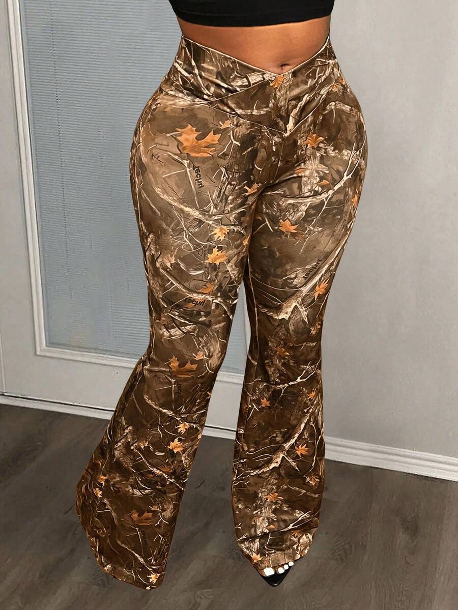 Slaydiva Quần ống loe in họa tiết cành cây dành cho nữ cỡ lớn, thích hợp cho các dịp lễ, năm mới, ngày Valentine.