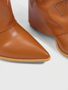 CUCCOO SZL Women's Pointed Toe Chunky Heel Western Tall Boots - Camel - View 5
