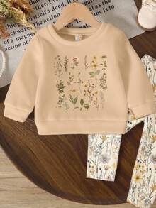 Playful Pals 2pcs/Set Cute Sweet Baby Girls Casual Floral Print Knit Soft Round Neck Long Sleeve Sweatshirt And Leggings Set, Suitable For Autumn/Winter, Comfortable, Fashionable Casual Outfit, Great For Back To School, Outdoor, Photography, Home, Campus, Holidays, Gifts