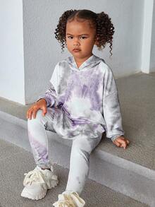 SHEIN 2-teiliges Outfit für Kleine Mädchen mit Batik-Asymmetrischem Saum Drop-Shoulder Kapuzenpullover & Leggings, bequem, für Herbst und Winter, ideal für Lässig & Alltag & Schule, coole Streetstyle Mädchen, Y2K Stil