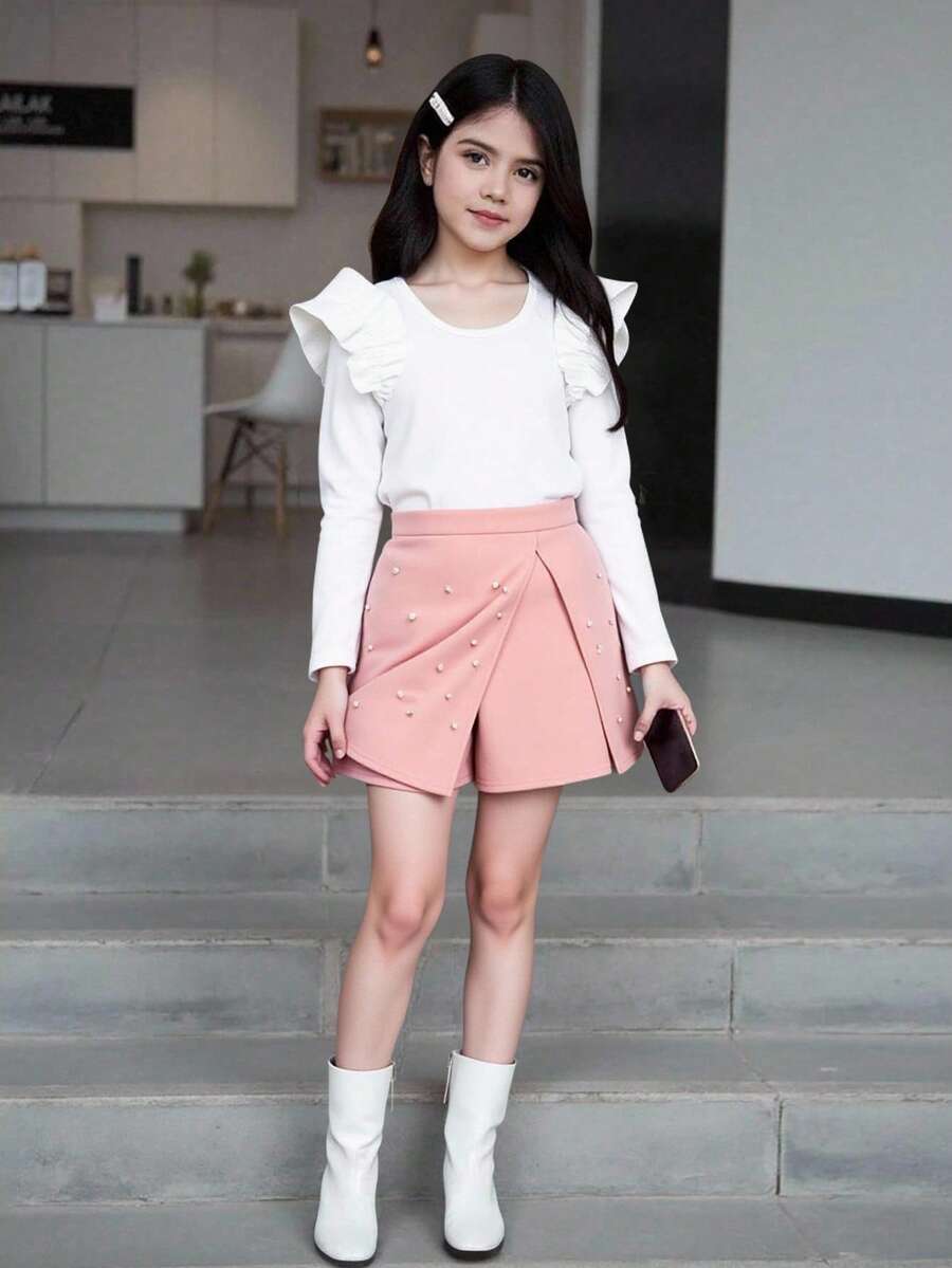SHEIN Tween Girl Ruffle Trim Long Sleeve Top And Skort 2-Piece Set - Pink - View 1