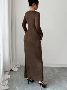 Elenzga Women's Elegant Round Neck Long Sleeve Dress, Polyamide Shiny Chiffon Fabric, High-End Design Waist Metal Buckle Asymmetrical Ruched Splice, Slim Fit Commuting Dress For Autumn - Brown - View 2