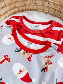 SHEIN Set de lenjerie de casă tricotată cu 4 buc. pentru bebeluși, model drăguț de desene animate, Crăciun, cu mânecă lungă