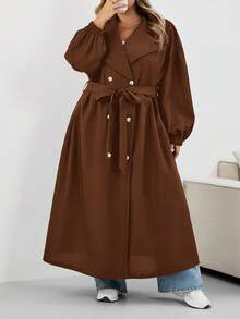 SHEIN CURVE+ 大码女式黑色长款风衣，黑色长袖简约休闲日常夹克大码风衣 8xl 女式外套 Curve 风衣大码秋季外套，女式秋季服装，女式秋季服装，冬季，CURVE PLUS - 棕色 - 查看 5