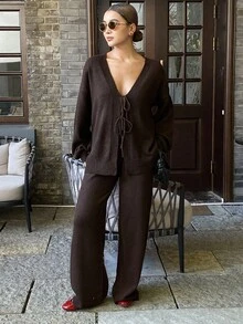 Livesso Women's V-Neck Tie Waist Loose Knit Sweater And Pants 2 Pieces Set, Autumn - Coffee Brown - View 6