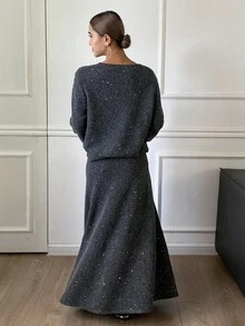 Livesso Women's V-Neck Shiny Knit Sweater & Loose Fit Skirt 2 Pieces Set, Autumn - Grey - View 2