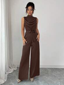 Elenzga Bộ đồ liền thân không tay cổ đứng màu xanh lá cây thanh lịch dành cho nữ, mùa xuân/hè - màu nâu - Xem 5