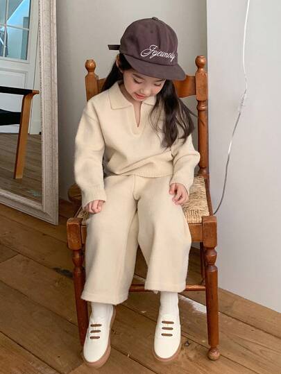 DAZY 2件套年轻女孩休闲韩版纯色翻领长袖毛衣和宽松直筒裤套装秋冬