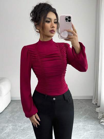 Elenzga 25-30+ 女士休闲秋冬褶皱泡泡袖高领优雅 T 恤