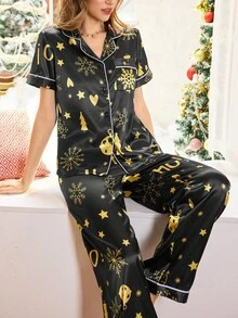 SHEIN 仿丝全印花圣诞主题纽扣前开睡衣套装 - 黑色 - 查看 5