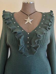 Sunspun Autumn/Winter Fashion Ruffled Collar Beaded Decor Pullover Sweater - Mint Green - View 4