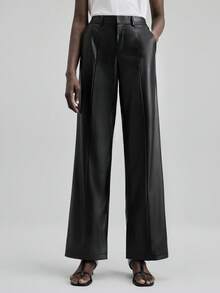 Ontre 2025 Women's Pants PU Material High Elasticity,Black,Autumn,Elegant,Night Side Slit Real Pockets Business Casual Office Wear Modern Urban Daily Style - Black - View 4