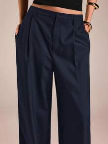 SHEIN Forever 21 女士裤子商务休闲女士西装女士阔腿裤办公室女士服装宽松裤职业女性服装办公室服装灰色 - 藏蓝色 - 查看 6