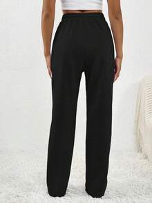 SHEIN PETITE Grey Ripped Patchwork Exposed Seam Drawstring Waist Slant Pocket Straight Leg Casual Sports Sweatpants - Black - View 2